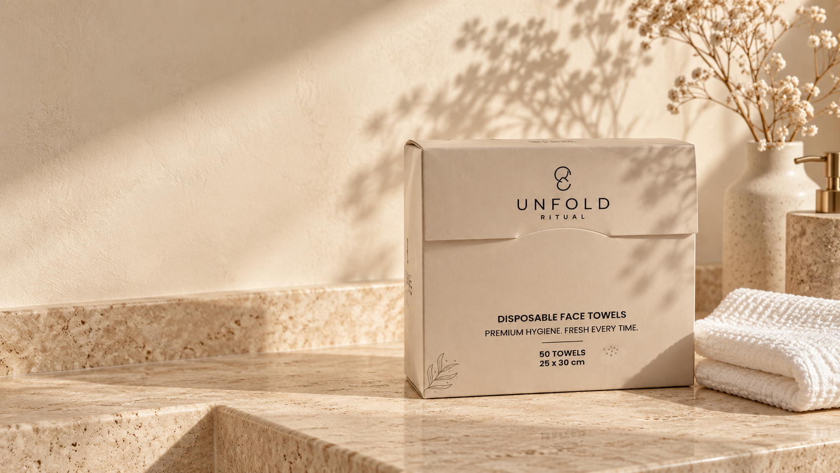 UNFOLD RITUAL disposable face towel box on a warm stone vanity beside folded towels